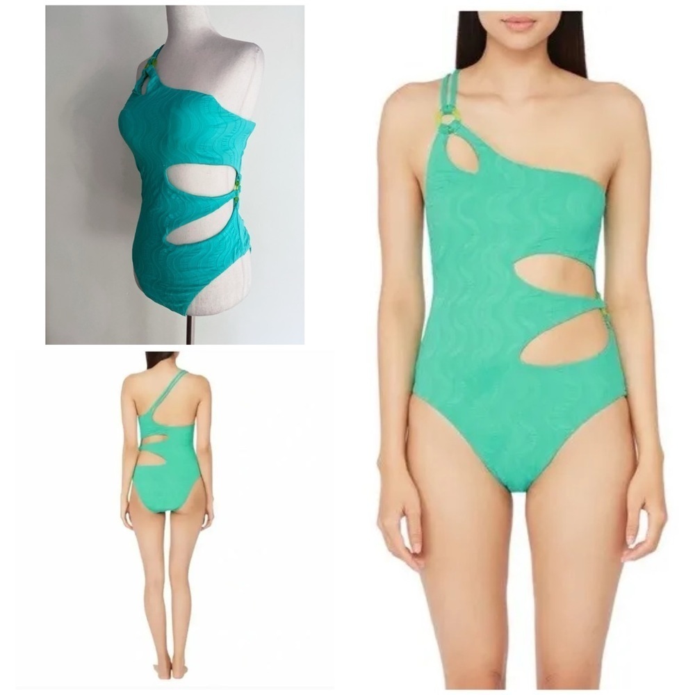 NWT Trina Turk Cascais Wave Turquoise Cut Out One Shoulder One-Piece Swimsuit 6﻿